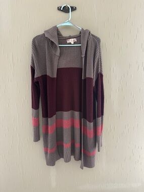 Pink Rose Striped Hooded Open-Front Cardigan in Gray, Burgundy & Pink